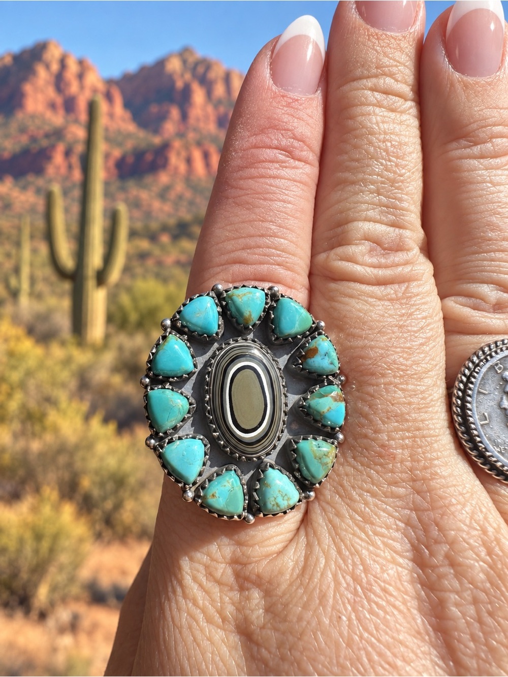 Fordite & Turquoise Adjustable Sterling Silver Ring 💙
Stamped 925